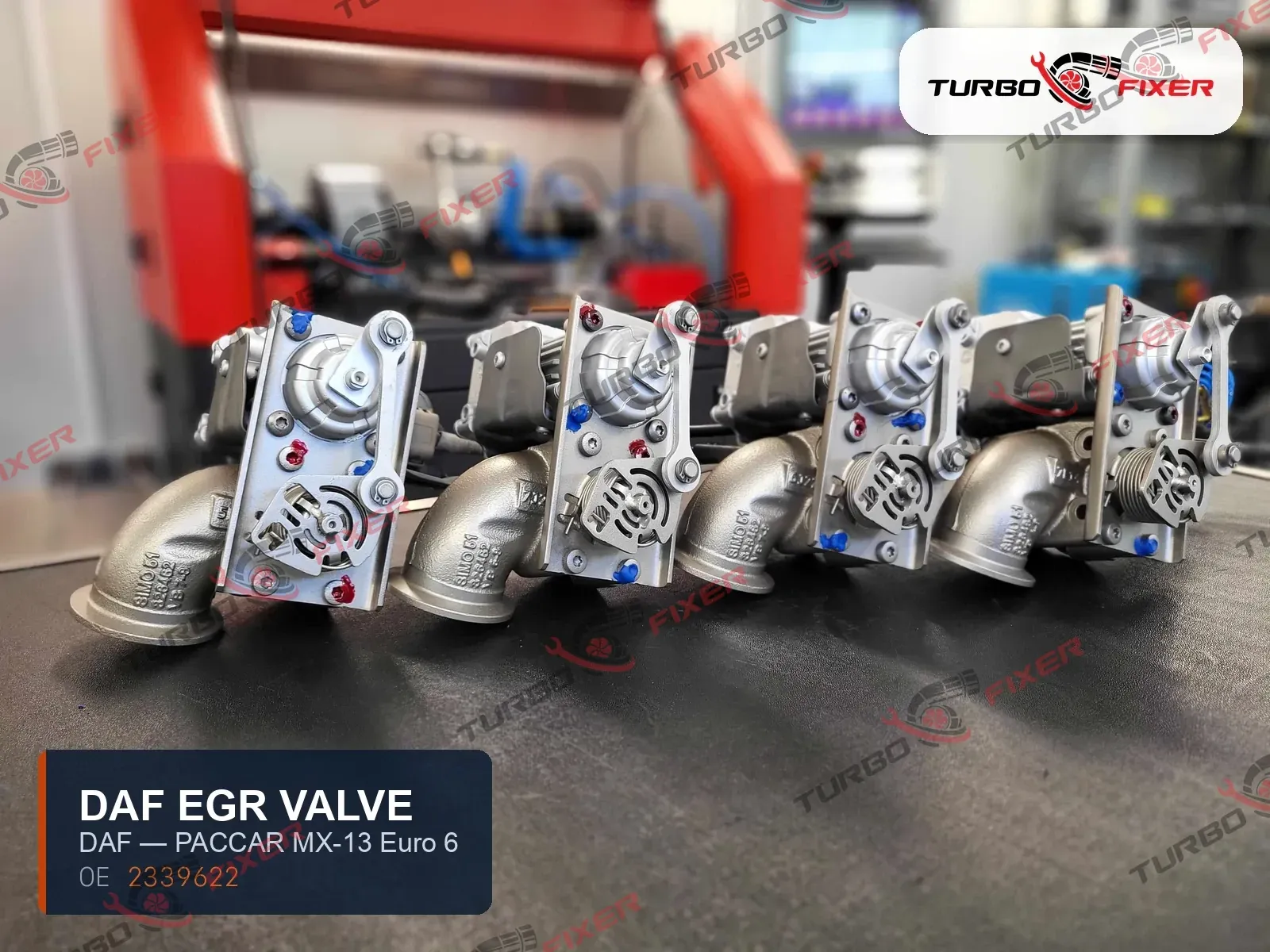 A batch of regenerated DAF EGR valves for PACCAR MX-13 Euro 6 — OE 2339622 — lined up after rebuild.