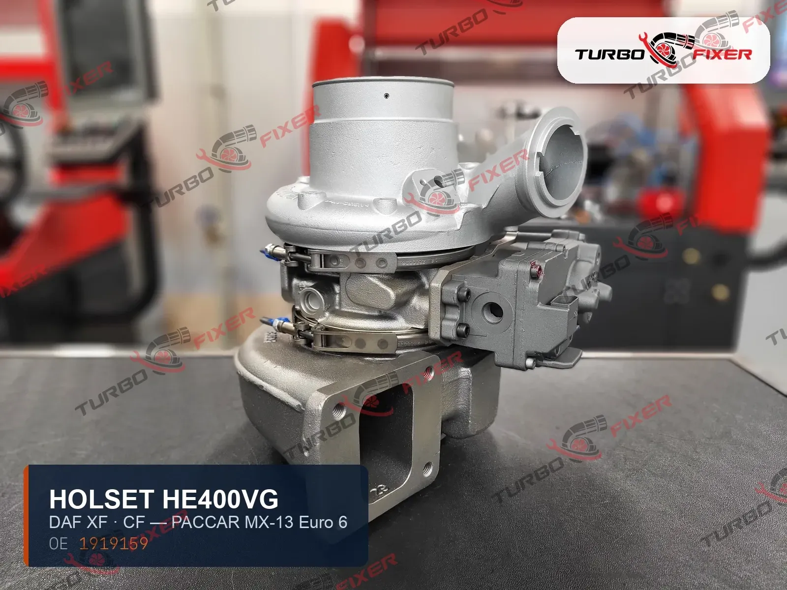 Regenerated Holset HE400VG variable-geometry turbocharger for DAF XF/CF MX-13 Euro 6 — OE 1919159 — cleaned and dynamically balanced on the bench.